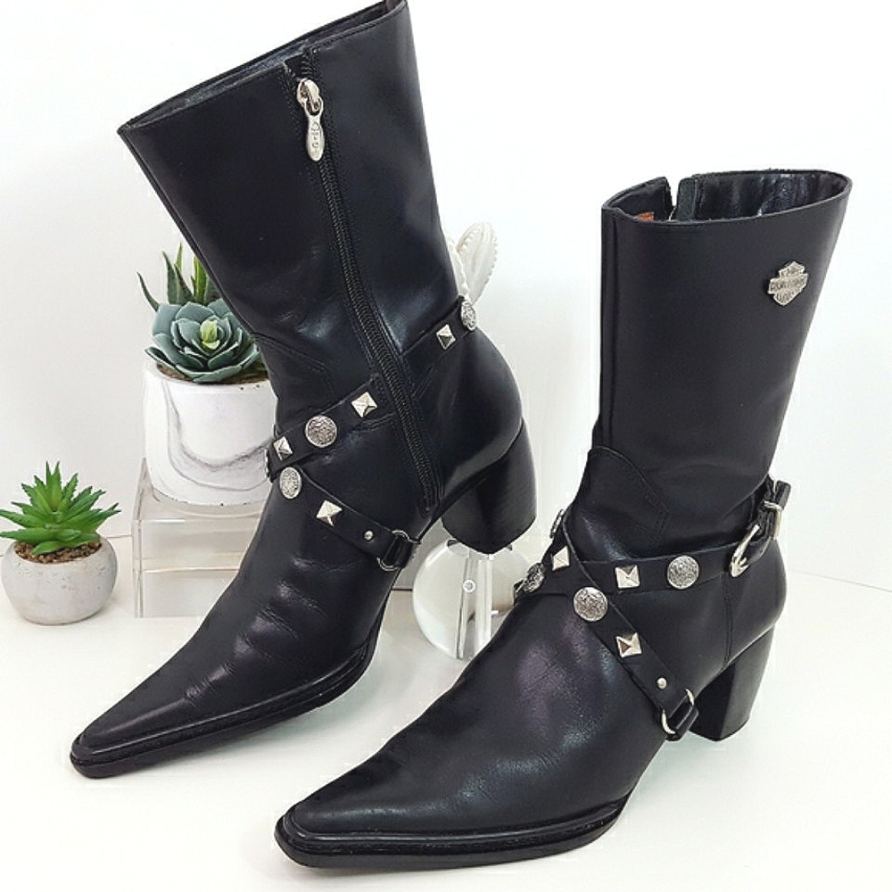 Harley Davidson💋 Y2K Western Pointed Leather Boots| Strapped Buckle